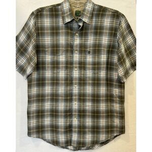 Timberland Linen Blend Button‎ Shirt Men's Med Blue Green Plaid Short Sleeve